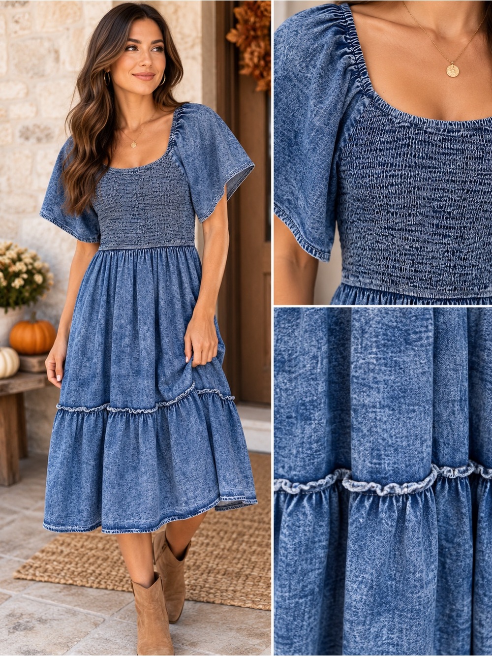 Smocked Square-Neck Midi Dress in Washed Blue